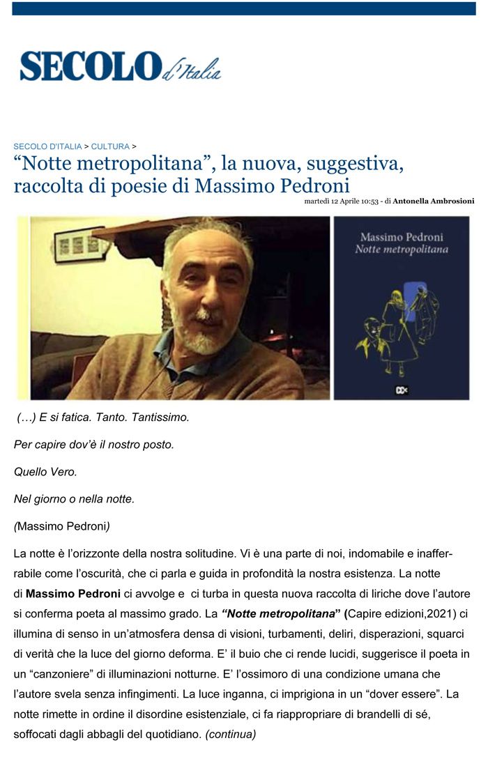 Massimo Pedroni Notte Metrolpolitana du Il Secolo D'Italia Davide Roondoni di Antonella Ambrosini