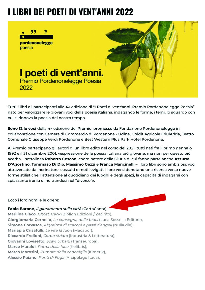 Finalisti Pordenonelegge 2022 giovani fabio baronbe davide rondoni fabio villalta