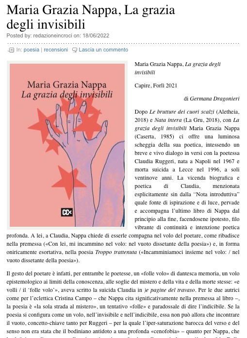Maria Grazia Nappa recensione incroci online la grazia degli inviibili